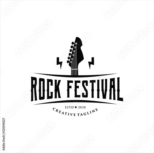Guitar logo Design Vector Stock Illustration . Guitar Shop Logo . Rock music festival logo Vintage Hipster Retro , Rock n Roll Logo Design