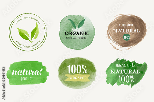 set of Organic label and natural label hand drawn brush. Tag and Sticker Farm fresh logo vegan food mark.