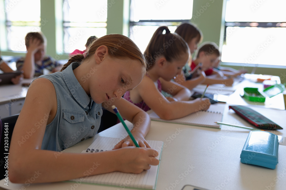 Obraz premium Group of schoolchildren sitting at desks in an elementary school classroom