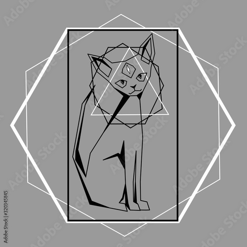 Abstract contour sphynx cat with third eye in polygonal frame