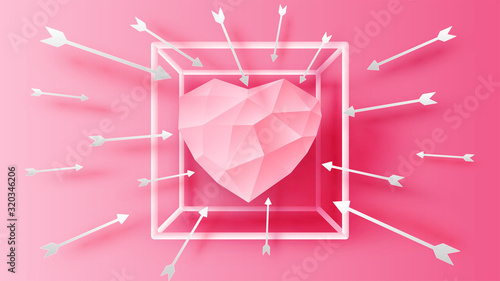 Pink Heart inside square frame with arrows around frame. paper cut and craft style. vector, illustration.