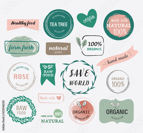 Natural and organic label artistic brushes. Abstract label banner eco product. Vegan, Farm fresh, food traditional mark.