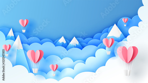 Illustration of hot air balloons in shape of heart float up on sky background. paper cut and craft style. vector, illustration.