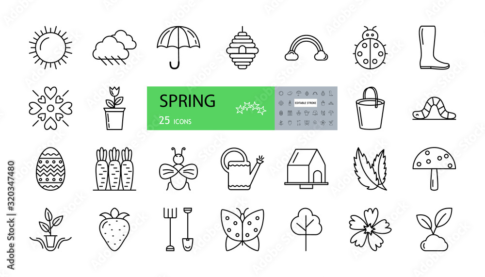 Vector set of 25 spring icons with editable stroke. sun, clouds with rain, umbrella, boot, rainbow, beehive, flower, love, ladybug, bucket, worm, easter egg, carrot, watering can, birdhouse, leaves