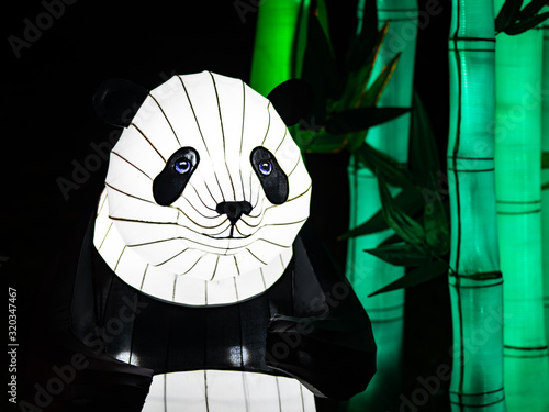 Chinese Lantern Panda Bear With Green Bamboo On The Side
