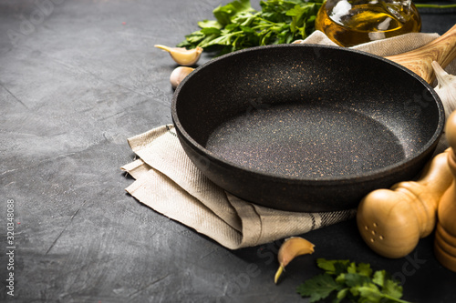 Bilde på lerret Food cooking background on black table.