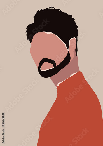 Abstract modern young brutal man with beard portrait silhouette. Fashion minimal trendy people face in paper cut mosaic flat style. Trendy art minimal poster print. Vector hand drawn illustration