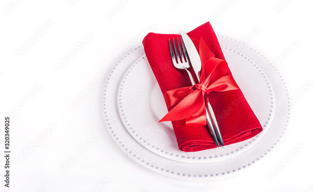 Table setting in white red tone for celebrate St Valentines Day. Copy space Table setting in white red tone for celebrate St Valentines Day. Copy space