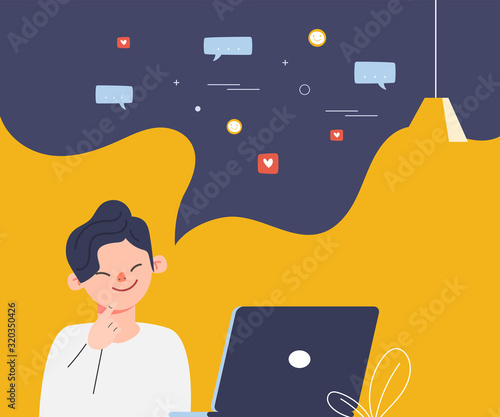 People using computer for social media network communication background. Woman blogger online blogging media.