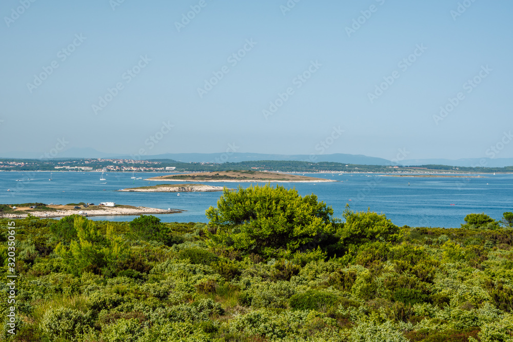 Nature reserve peninsula of Premantura, Pula, Croatia. The dense green vegetation in foreground, behind it a blue sea with an archipelago of small islands, a clear blue sky in the horizon.