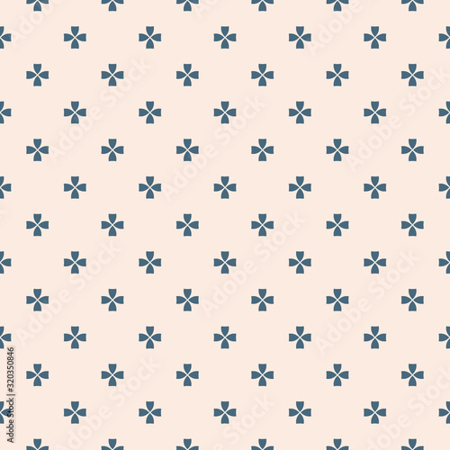 Vector minimalist geometric floral pattern. Simple abstract seamless texture with small flowers, crosses. Blue and beige ornament background. Minimal repeat design for decor, furniture, wallpapers