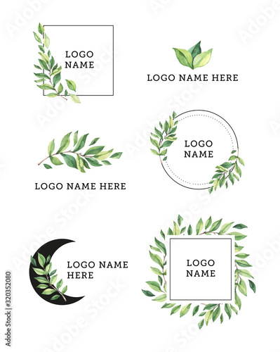 Watercolor Greenery illustrations for your branding. Green branches clipart. Logo with fresh green leaves and branches. Perfect for wedding invitations, greeting cards, blogs, posters, postcards