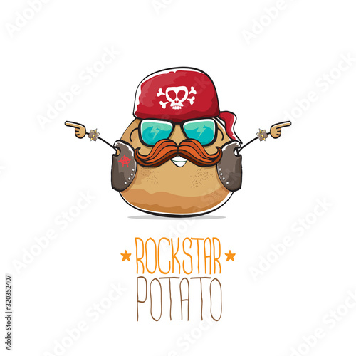 vector rock star potato funny cartoon cute character with bandana, leather jacket, sunglasses and moustache isolated on white background. rock n roll hipster vegetable funky character