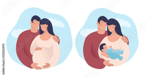 Caucasian couple with baby on sky background. Husband hugs a pregnant wife, natural background. Flat vector illustration. A man, a pregnant woman and a newborn baby, a young family.