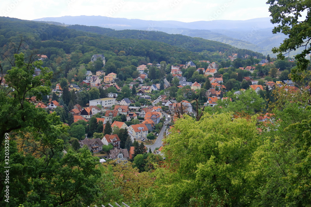 Panorama of the city Wernigerode with houses and blue sky