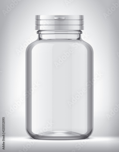 Bottle for pills on background. Transparent version. White Cap. 