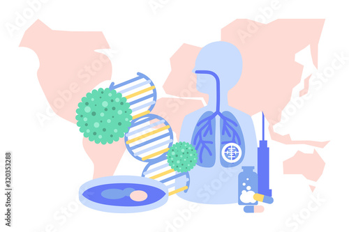 illustration of world map with culture tray, vaccine, virus and DNA : conceptual to show the world is seeking the way to cure novel Coronavirus 