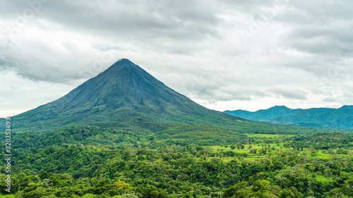 A clear view of Arenal Volcano and the surrounding jungle in La Fortuna, Costa Rica