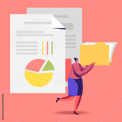 Audit Analysis Inspection Concept. Woman with Files Folder Analysing Accounting Data, Earnings Savings, Loan and Credit Spreadsheet. Bank Accounts for Financial Fraud Cartoon Flat Vector Illustration