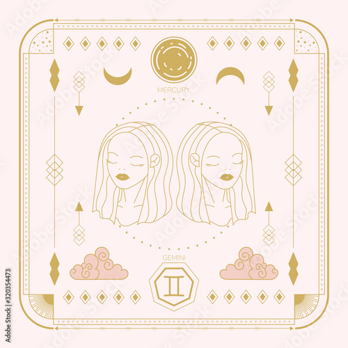 Zodiac sign - Gemini and its planet ruler Mercury. Thin linear vector design.