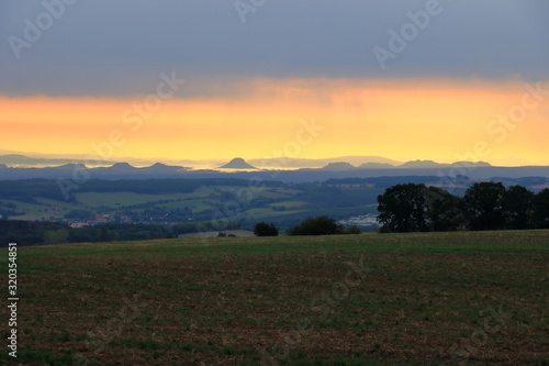 Sunrise over the Saxon Switzerland, rocks Lilienstein, fortress Koenigstein