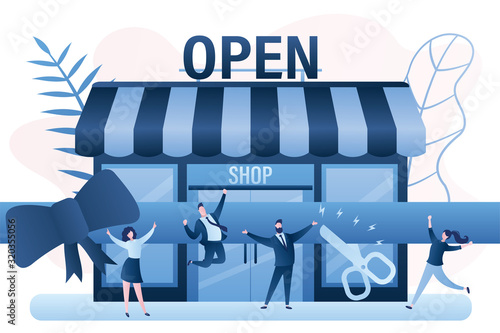 Open business concept. Various happy businesspeople and clients. Symbolic ribbon cutting process as festive celebration.