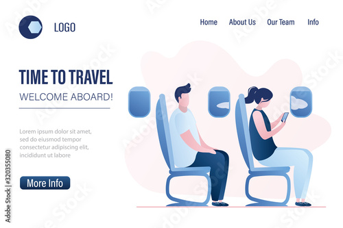 Time to travel,welcome aboard landing page template. Passengers in plane cabin webpage banner.