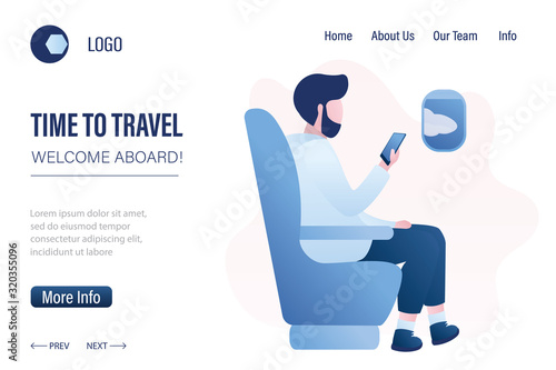 Time to travel,welcome aboard landing page template. Passenger in plane cabin webpage banner.