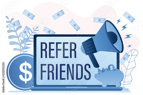 Referral program concept. Customer attraction or promotion campaign. Laptop, loudspeaker and money.