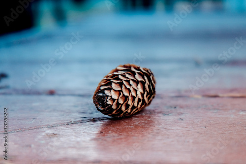 Brown pine cones on a wooden background with the inscription Merry Christmas in red.