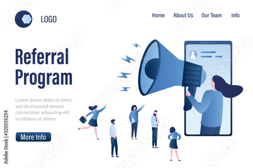  Woman with loudspeaker and various businesspeople.Referral program landing page template.
