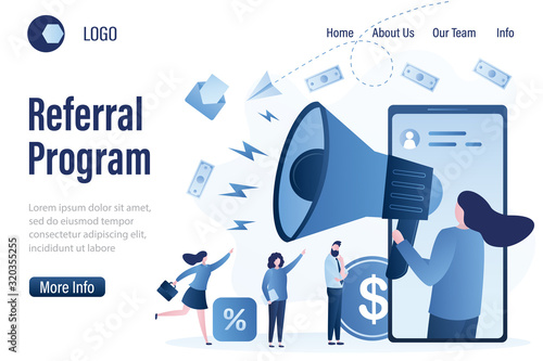 Referral program landing page template. Woman with loudspeaker and various businesspeople