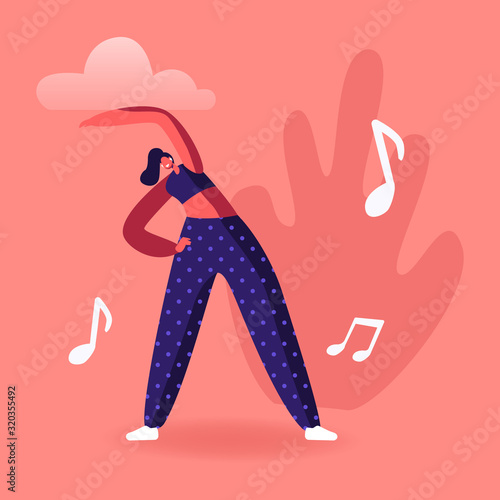 Slim Girl in Sports Wear Engage Fitness or Yoga Activity Listening Music with Mobile Application. Woman Healthy Sport Lifestyle Aerobics Pilates Workout Training Class Cartoon Flat Vector Illustration