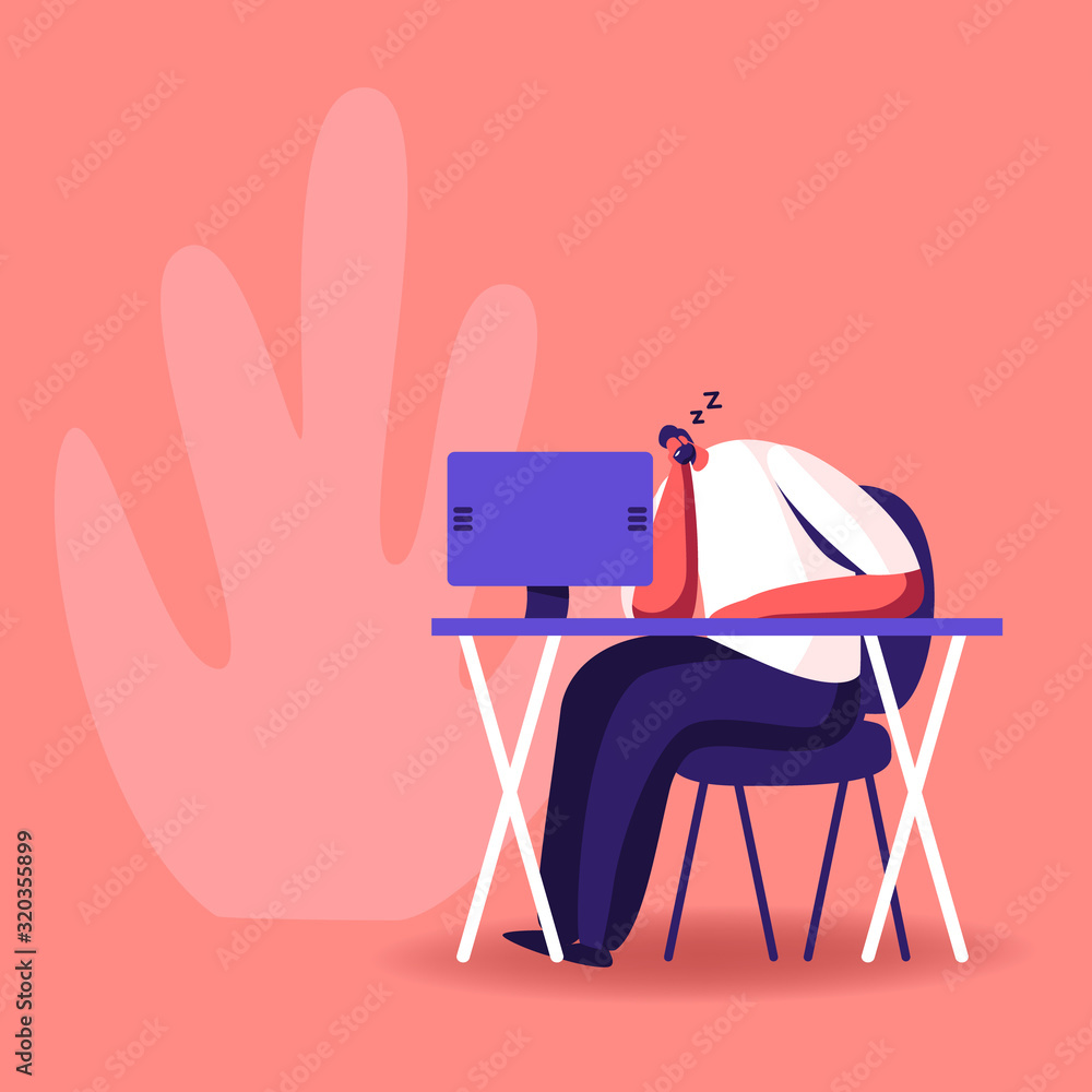 Procrastination, Overwork Burnout Symptom Concept. Lazy or Tired Overload Businessman with Low Life Energy Power Sleeping at Working Place Lying on Desk with Computer Cartoon Flat Vector Illustration Procrastination, Overwork Burnout Symptom Concept. Lazy or Tired Overload Businessman with Low Life Energy Power Sleeping at Working Place Lying on Desk with Computer Cartoon Flat Vector Illustration