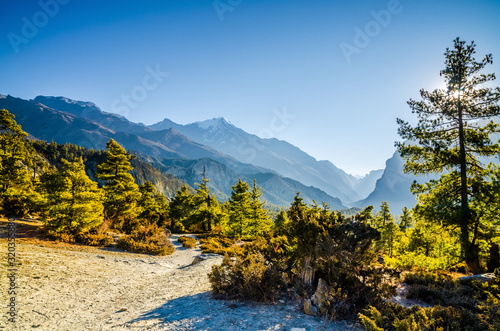 Trekking route between Ngawal and Bhraka villages in early sunny morning with Pisang peak on the horizon. Marshyangdi river valley, Annapurna circuit trek, Nepal.