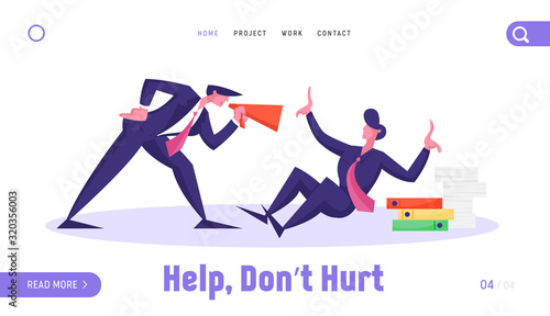 Businessman in Stress Deadline or Bulling Situation Website Landing Page. Angry Boss Yelling to Megaphone at Office Worker with Pile of Documents Web Page Banner. Cartoon Flat Vector Illustration photo