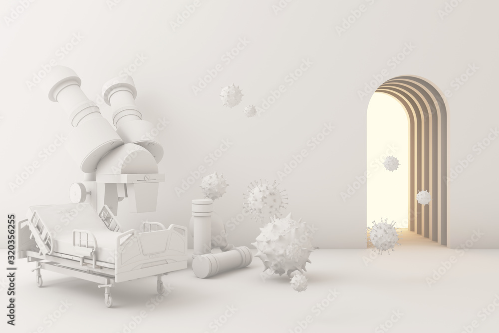microscope and virus with hospitalbed and mask on white background 3d rendering microscope and virus with hospitalbed and mask on white background 3d rendering