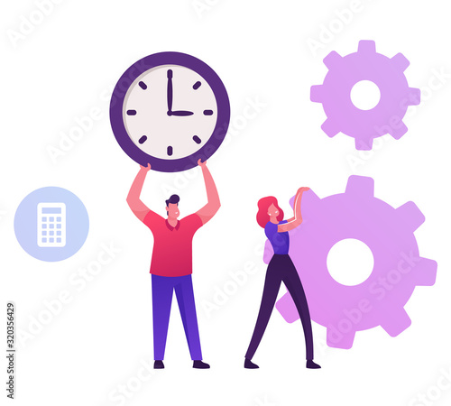 Businessman Holding Huge Clock. Business Woman Moving Cogwheels Mechanism. Time is Money, Loan Refinance and Return on Investment Concept. Time Management Process Cartoon Flat Vector Illustration