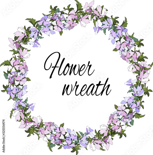 Spring floral wreath of pink flowers on a white background. Hand-drawn vector graphics.