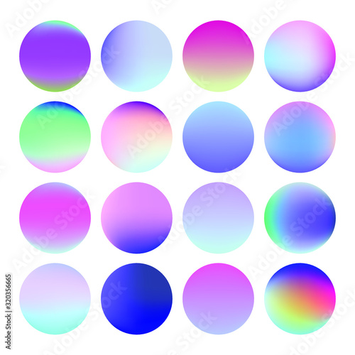 Set of vibrant gradient spheres or circles on white background. 