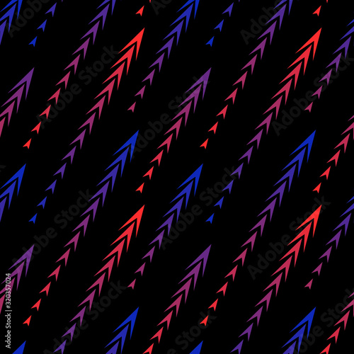 Abstract geometric seamless pattern with diagonal gradient lines, arrows, triangles, fading shapes, tracks, halftone stripes. Extreme sport style texture, urban art background. Neon red and blue color