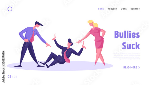 Bulling, Dirty Tricks and Unfair Fight Website Landing Page. Office Life Situation with Weak Businessperson Pressure of Angry Colleagues, Pressure Web Page Banner. Cartoon Flat Vector Illustration