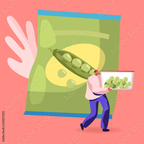 Young Man Carry Container with Frozen Green Peas. Vegetarian and Diet, Healthy Food, Fortified Nutrition, Iced Vegetables as Source of Vitamin and Health, Eco Products Cartoon Flat Vector Illustration