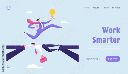Creative Idea, Challenge, New Opportunity, Success Website Landing Page. Business Man with Glowing Light Bulb Run over Head of Businessman Colleague Web Page Banner. Cartoon Flat Vector Illustration
