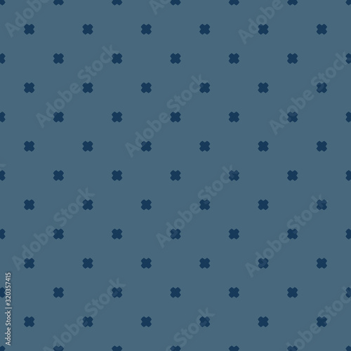 Vector minimalist geometric floral seamless pattern. Navy blue abstract texture with small scattered cross shapes, polka dots. Stylish modern minimal background. Repeat design for decor, wallpapers