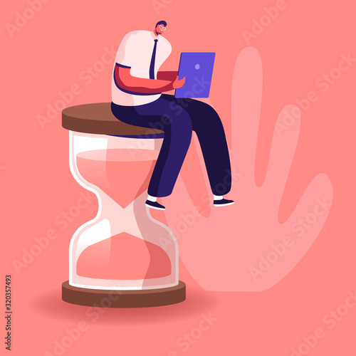 Procrastination in Business Process Concept. Businessman Sitting on Hourglass with Laptop in Hands. Time Management, Multitasking, Working Productivity Infographics Cartoon Flat Vector Illustration