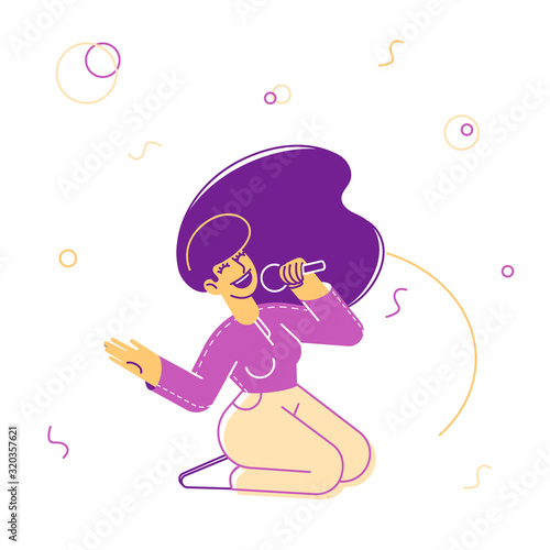 Woman Cheering, Dancing and Performing on Stage with Song Composition in Karaoke Bar. Artist Singing at Music Event or Concert, Corporate Party Leisure. Cartoon Flat Vector Illustration, Line Art