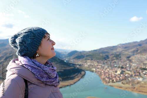 Fototapeta Naklejka Na Ścianę i Meble -  Tourist on background of Mtskheta