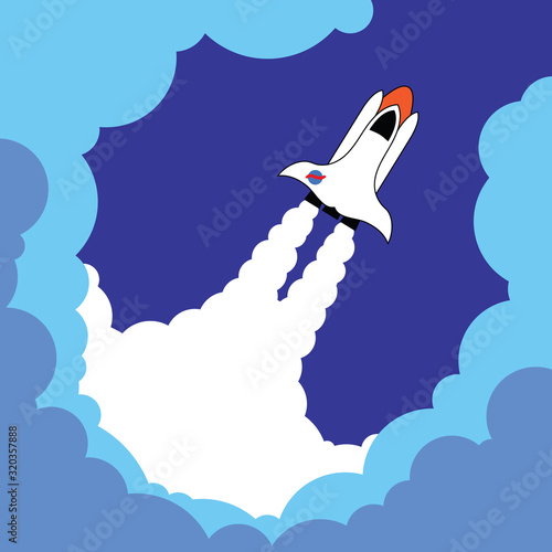 Vector illustrationof Rocket fly above clouds in the blue sky. Startup a business, new idea, creative, success, vision concept