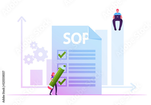 Businesswoman Filling Paper Form with Sop Inscription and Cogwheel Mechanism. Businessman Sitting with Laptop on Column Chart. Standard Operating Procedure Concept Cartoon Flat Vector Illustration